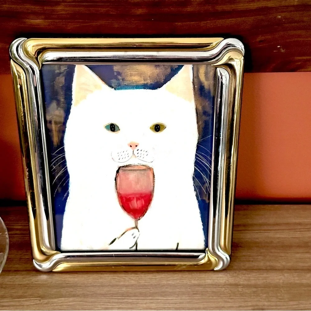 Red Wine Drinking White Cat Quirky Canvas Print Wall Art Vintage Brass Framed